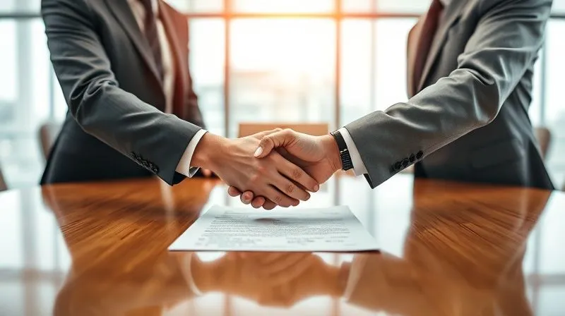 A photorealistic image of two professional individuals, one appearing to be a lawyer and the other a corporate executive, shaking hands across a polished conference table. A signed legal document is visible between them. The mood is serious but conclusive. 8K, cinematic lighting, sharp focus on the handshake and document, depth of field blurring the background, shot on a high-end DSLR, conveying a significant agreement or negotiation.