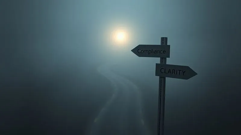 A photorealistic image of a winding, complex pathway through a dense fog, with a single guiding light in the distance. The foreground shows a clear, well-lit signpost pointing towards 'Compliance' and 'Clarity'. 8K, cinematic lighting, sharp focus on the signpost, depth of field blurring the path, shot on a high-end DSLR, conveying navigation through challenges with expert guidance.