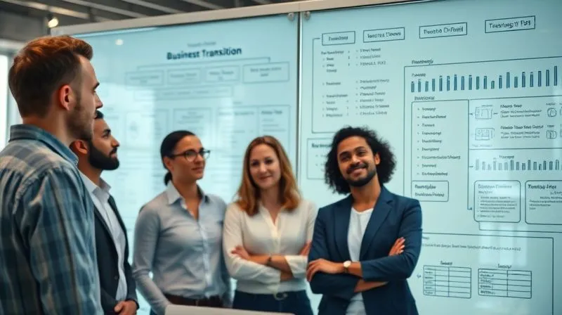 A photorealistic, professional photography, 8K, cinematic lighting, sharp focus, depth of field, shot on a high-end DSLR of a diverse group of professionals looking at a large, transparent whiteboard filled with flowcharts and financial figures, indicating strategic planning and budgeting for a business transition, with a sense of collaborative effort.