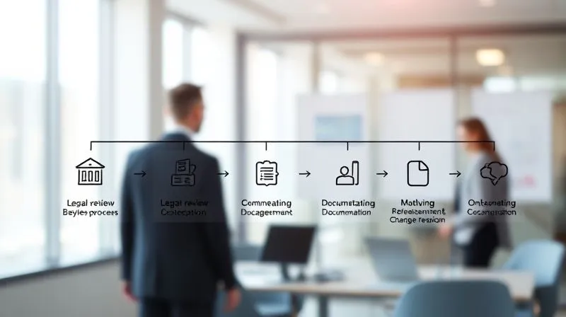 A photorealistic, professional photography, 8K, cinematic lighting, sharp focus, depth of field, shot on a high-end DSLR of a clear, step-by-step flowchart representing a legal and HR transition process, with icons for legal review, communication, documentation, and onboarding, set against a modern office background, symbolizing structured change management.
