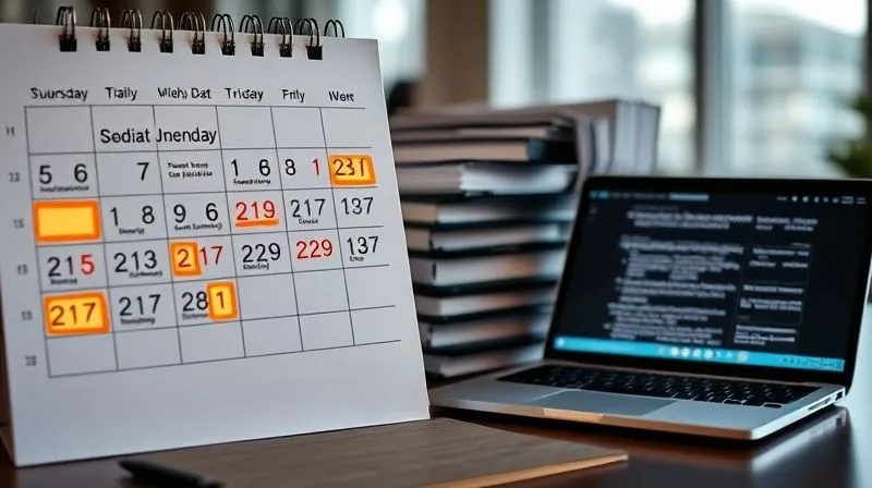 A photorealistic, professional photography, 8K, cinematic lighting, sharp focus, depth of field, shot on a high-end DSLR of a calendar with highlighted dates for compliance checks and legal reviews, alongside a stack of organized legal binders and a laptop displaying regulatory updates, symbolizing ongoing vigilance and robust documentation in a corporate setting.
