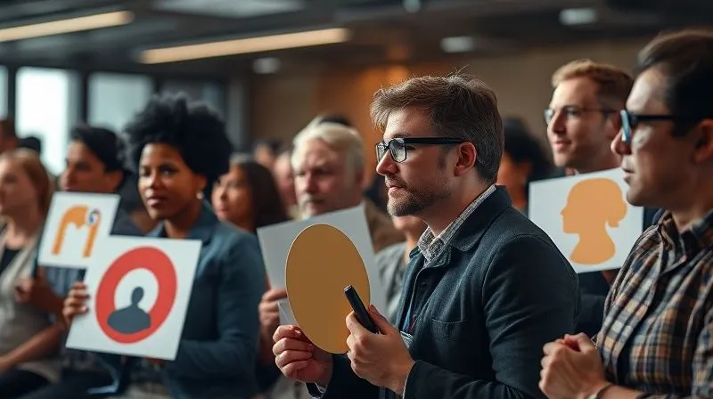 A photorealistic image of a diverse group of people engaged in a passionate but civil debate, some holding signs with abstract symbols of free speech and digital rights, in a modern, open forum setting, cinematic lighting, sharp focus on the faces, depth of field, 8K hyper-detailed.