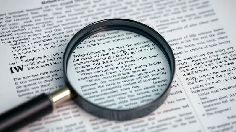 A photorealistic, detailed image of a magnifying glass hovering over extremely small, dense legal text on a contract, highlighting the difficulty of finding hidden clauses. Cinematic lighting, sharp focus on the text, depth of field blurring the background. Shot on a high-end DSLR, 8K hyper-detailed.