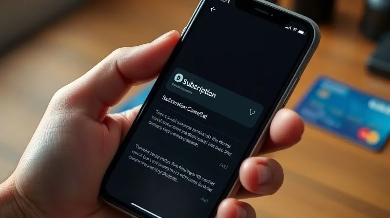 A photorealistic image of a person's hand holding a smartphone, with a calendar app displaying a prominent reminder for 'Subscription Cancellation'. In the background, a blurred credit card is visible. Cinematic lighting, sharp focus on the phone screen and hand, depth of field blurring the background. Shot on a high-end DSLR, 8K hyper-detailed.