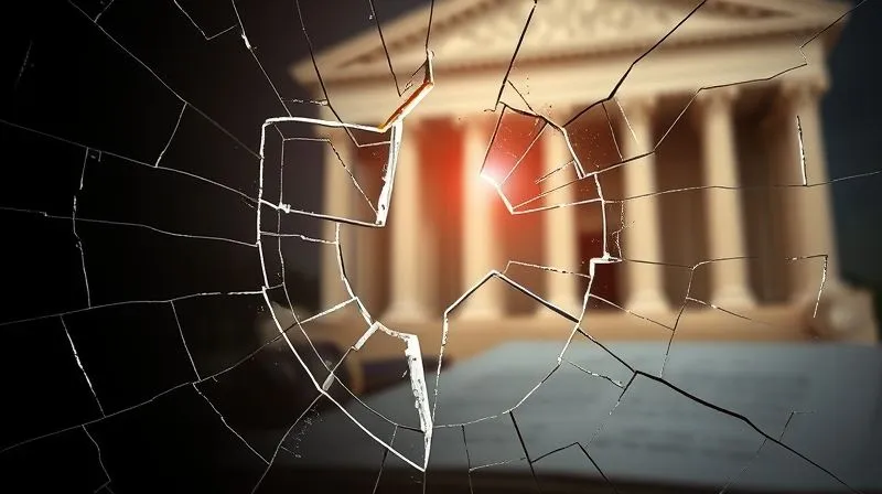 Photorealistic image of a cracked or fragmented legal shield, with light shining through the cracks, symbolizing the ongoing debate and challenges to qualified immunity. Cinematic lighting, sharp focus on the cracks, depth of field blurring a background of legal documents or a courthouse. The image should convey fragility and potential for change.