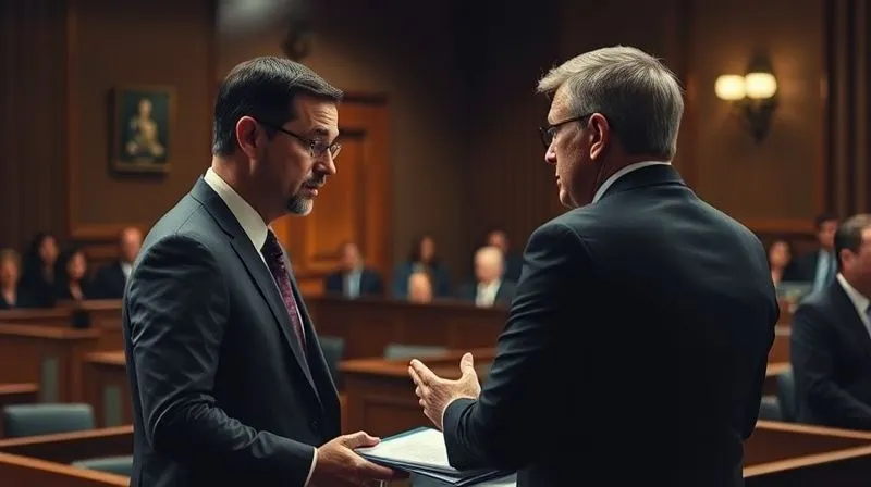 A photorealistic courtroom scene during a cross-examination, focusing on the intense interaction between a sharp-suited lawyer and an expert witness on the stand. Cinematic lighting creates dramatic shadows, highlighting their expressions. Sharp focus on the two individuals, with depth of field blurring the judge and jury in the background. 8K hyper-detailed, professional photography, shot on a high-end DSLR.