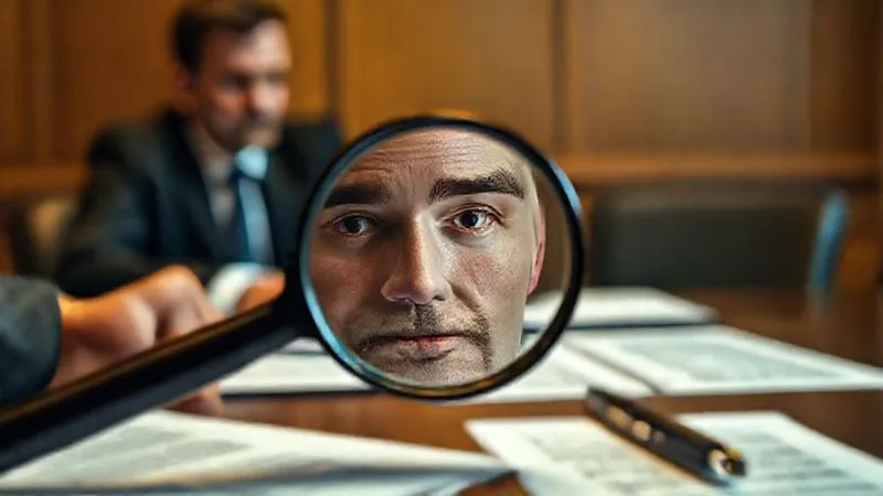 A photorealistic image of a detective's magnifying glass hovering over subtle facial expressions and body language of a person seated across a mediation table, with blurred legal documents in the foreground. Professional photography, 8K, cinematic lighting, sharp focus on the magnifying glass and subtle cues, depth of field, shot on a high-end DSLR. The image should convey careful observation and early detection of hidden signals.
