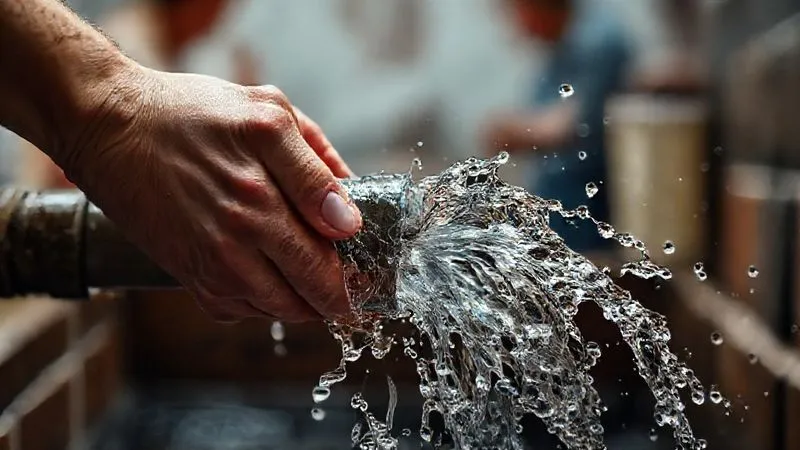 A photorealistic image of a person's hand gently, yet firmly, redirecting a turbulent stream of water from a broken pipe into a clear, controlled channel. The background is a blurred, chaotic scene of a domestic dispute. Professional photography, 8K, cinematic lighting, sharp focus on the hands and water, depth of field, shot on a high-end DSLR. The image conveys calm, effective redirection amidst chaos.