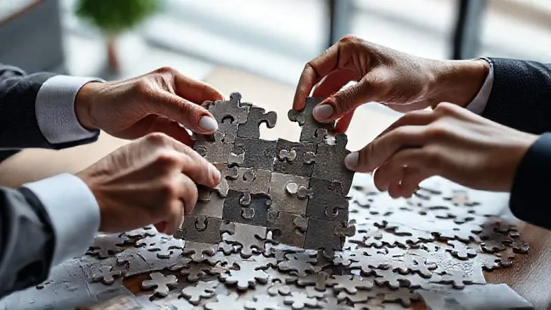 A photorealistic image of a complex, multi-layered puzzle being solved collaboratively by several diverse hands, each placing a piece strategically. The puzzle pieces represent legal documents and emotional components, fitting together to form a clear picture of resolution. Professional photography, 8K, cinematic lighting, sharp focus on the hands and puzzle, depth of field blurring the background of a modern office, shot on a high-end DSLR. The image conveys collaboration, complexity, and successful problem-solving.