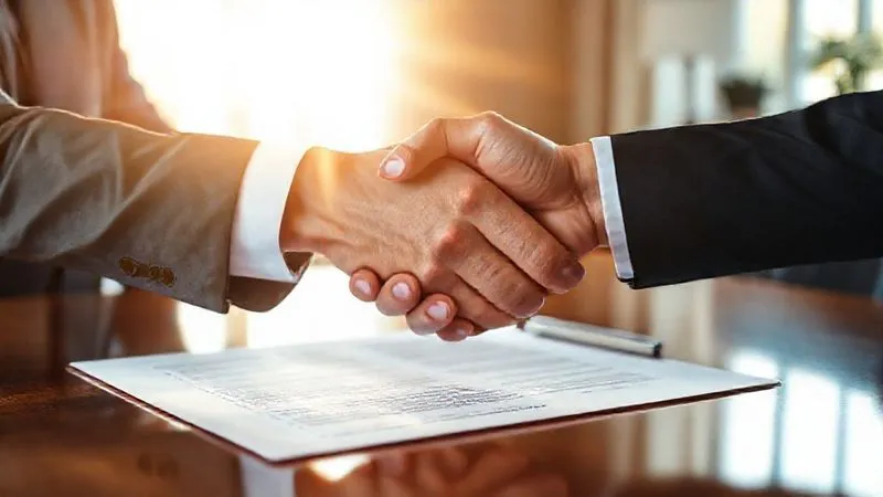 A photorealistic image of a professional, firm handshake over a tastefully blurred, signed legal agreement document on a polished table, with soft, warm sunlight streaming through a window in the background. The handshake conveys trust and successful resolution. Professional photography, 8K, cinematic lighting, sharp focus on the handshake and document, depth of field, shot on a high-end DSLR. The image evokes a sense of accomplishment and positive outcomes.