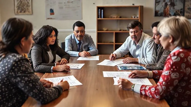 A photorealistic, professional photography, 8K, cinematic lighting, sharp focus, depth of field, shot on a high-end DSLR, depicting a diverse group of people (parents, educators, community members) sitting around a conference table, engaged in serious, collaborative discussion, reviewing legal documents with a school board member leading the conversation. The atmosphere is one of focused dialogue and shared responsibility.