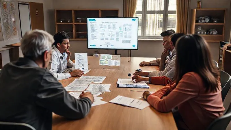 A photorealistic, professional photography, 8K, cinematic lighting, sharp focus, depth of field, shot on a high-end DSLR, depicting a group of diverse school administrators and board members seated around a large table, reviewing documents and a flowchart on a monitor, with intense, thoughtful expressions. The scene conveys a sense of rigorous internal analysis and problem-solving.