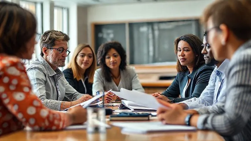 A photorealistic, professional photography, 8K, cinematic lighting, sharp focus, depth of field, shot on a high-end DSLR, depicting a diverse group of school board members and administrators engaging in a professional development workshop, focused on legal handbooks and compliance documents. The setting is bright and collaborative, emphasizing learning and ethical governance.