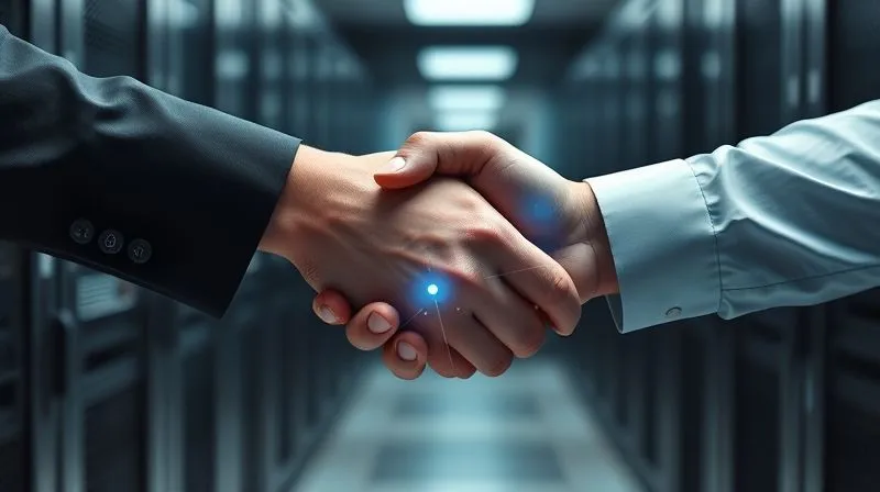 A photorealistic, professional photography, 8K, cinematic lighting, sharp focus, depth of field shot of a handshake between two business professionals, with a glowing digital contract overlaid between their hands, symbolizing trust and legal agreement in a secure data transfer context. The background shows blurred server racks. The mood is professional and secure. Shot on a high-end DSLR.