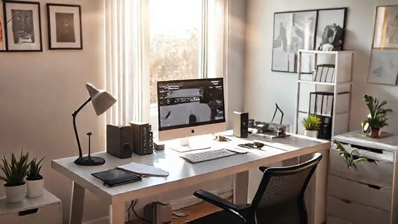 A photorealistic, professional photography, 8K, cinematic lighting, sharp focus, depth of field shot on a high-end DSLR, depicting a meticulously organized and professional home office space. The desk is clear, with a single, high-performance computer setup, minimal personal items, and a sense of dedicated workspace, emphasizing 'exclusive and regular use' for business. Sunlight streams through a window, highlighting the clean lines and focused environment.