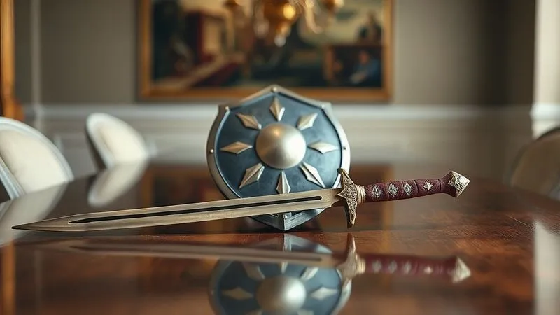 A photorealistic image of a metaphorical shield and sword resting on a polished mediation table, representing protection and strategic preparedness in a high-conflict divorce, cinematic lighting, sharp focus on the items, depth of field blurring the background, 8K hyper-detailed, professional photography, shot on a high-end DSLR.