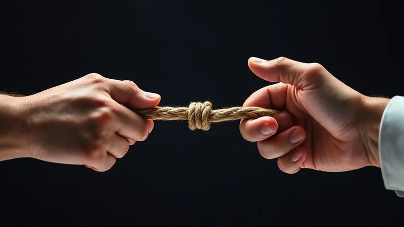 A photorealistic image depicting two hands trying to pull a rope in opposite directions, with a third, calm hand gently guiding the rope towards a central, neutral point, symbolizing mediated communication and the role of a mediator in high-conflict situations, cinematic lighting, sharp focus on the hands, depth of field blurring the background, 8K hyper-detailed, professional photography, shot on a high-end DSLR.