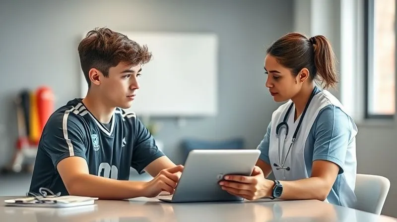 A photorealistic image of a young athlete wearing a sports jersey, sitting at a table with a medical professional who is administering a neurocognitive test on a tablet. The setting is bright and professional, with sports equipment subtly blurred in the background. Cinematic lighting, sharp focus on the interaction, depth of field, 8K hyper-detailed.