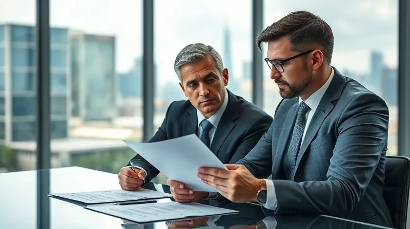 A photorealistic image of two business professionals in a modern, glass-walled office, engaged in a serious negotiation over legal documents. One individual points to a specific clause, while the other listens intently. Cinematic lighting, sharp focus on the documents, depth of field blurring the background city skyline, 8K hyper-detailed, professional photography, shot on a high-end DSLR. Evokes legal strategy and crucial decision-making.