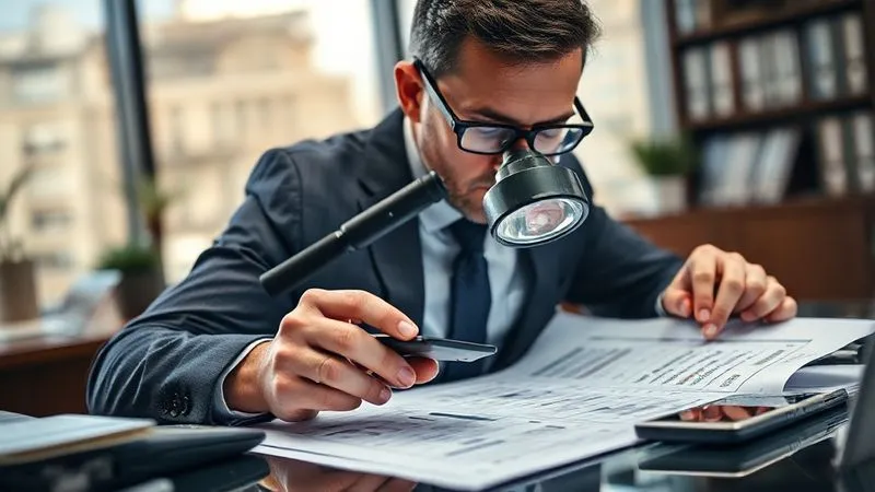 A photorealistic image of a skilled financial appraiser meticulously examining a complex balance sheet, with magnifying glass and calculator, in a sophisticated office setting. The scene conveys precision and expertise, professional photography, 8K, cinematic lighting, sharp focus on the documents, depth of field blurring the background, shot on a high-end DSLR.
