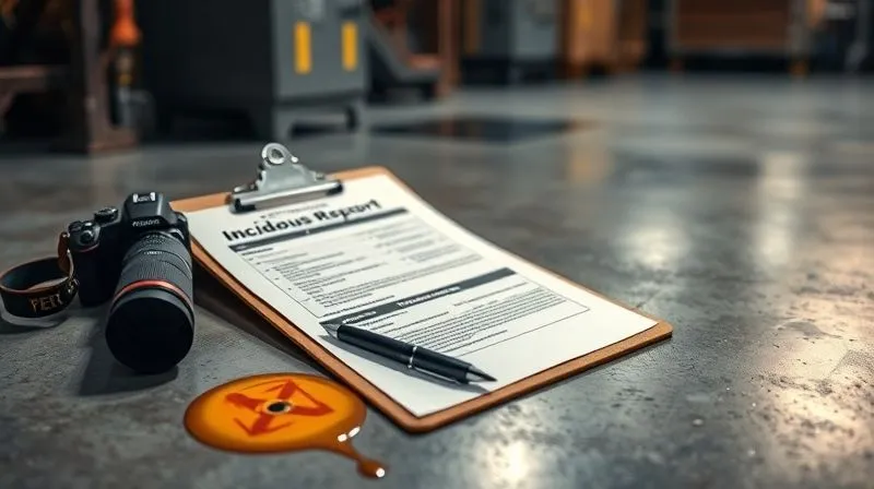 A photorealistic image of a clipboard with an incident report form, a pen, and a camera lying next to a small, contained hazardous waste spill on an industrial floor, dramatic lighting, sharp focus on the documents, depth of field blurring the background, 8K hyper-detailed, professional photography, cinematic lighting, shot on a high-end DSLR.