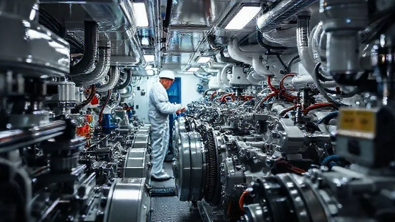 A photorealistic, professional photography shot of a meticulously clean and well-maintained ship's engine room, gleaming chrome and painted surfaces, with a skilled engineer in clean overalls performing a routine check. Cinematic lighting highlights the precision and order, sharp focus on the machinery, depth of field blurring the background. 8K hyper-detailed, shot on a high-end DSLR.