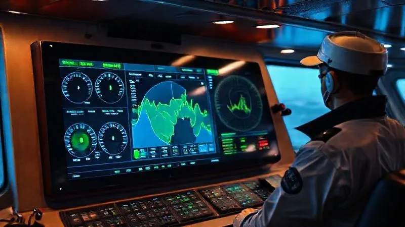 A photorealistic image of a ship's bridge with a large, modern digital display showing real-time data from various vessel sensors – tank levels, pressure gauges, and a map with green indicators for normal operations. The screen is sharp and futuristic, with a crew member intently observing the data. Cinematic lighting, sharp focus on the display and the crew member, depth of field blurring the background. 8K hyper-detailed, shot on a high-end DSLR.