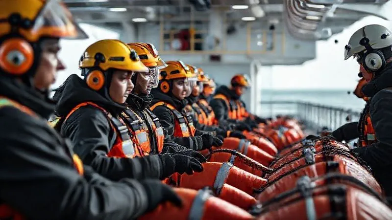 A photorealistic image of a diverse group of maritime crew members actively participating in a simulated oil spill response training session on a ship's deck. They are focused, wearing safety gear, and practicing deploying containment booms with guidance from an instructor. Cinematic lighting, sharp focus on the crew's determined faces and the equipment, depth of field blurring the background. 8K hyper-detailed, shot on a high-end DSLR.
