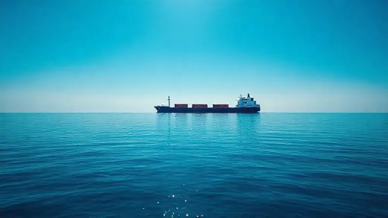 A photorealistic, professional photography shot of a pristine, calm ocean surface reflecting a clear blue sky, with a modern, well-maintained cargo ship sailing smoothly on the horizon, leaving no trace. The image evokes a sense of environmental responsibility and peaceful maritime commerce. Cinematic lighting, sharp focus on the water and the distant ship, subtle depth of field. 8K hyper-detailed, shot on a high-end DSLR.