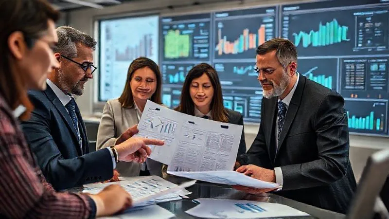 A photorealistic, professional photography, 8K, cinematic lighting, sharp focus, depth of field, shot on a high-end DSLR of a diverse team of professionals collaboratively reviewing financial documents and digital dashboards, symbolizing robust internal controls and multi-state compliance. One person points to a detailed report, while others nod in agreement. The scene conveys diligence and teamwork.