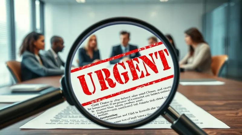 A photorealistic image of a legal document with red 'URGENT' stamp, overlaid with a magnifying glass focusing on a 'Morality Clause' section, surrounded by a team of diverse professionals in a high-stakes meeting room, cinematic lighting, sharp focus, depth of field, 8K hyper-detailed.