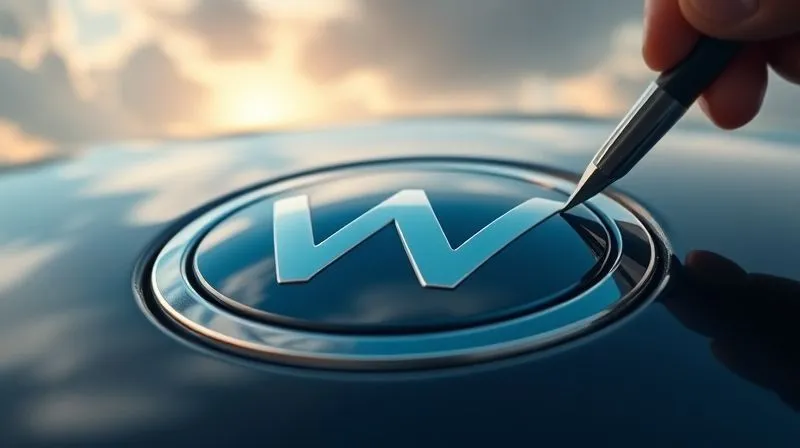A photorealistic image of a brand logo being meticulously polished and restored, reflecting a positive, clear sky, contrasting with a blurred, stormy background, emphasizing repair and renewal. Cinematic lighting, sharp focus on the logo, depth of field, 8K hyper-detailed.