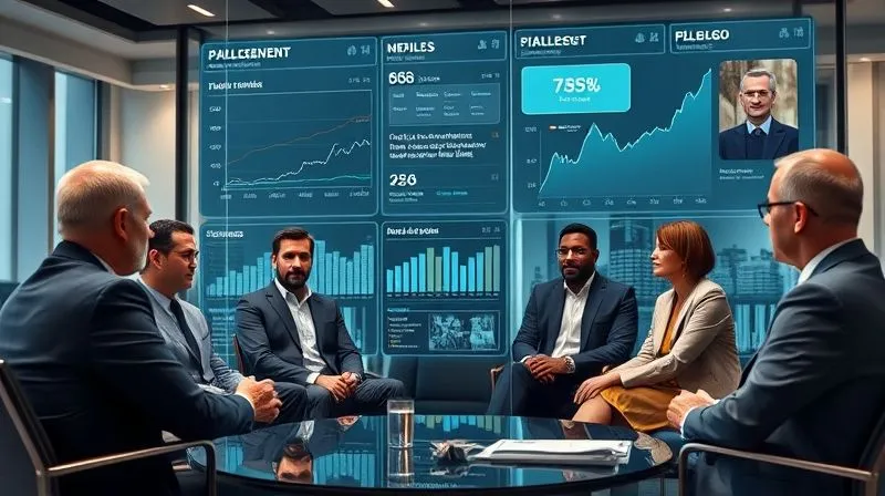 photorealistic, professional photography, 8K, cinematic lighting, sharp focus, depth of field, shot on a high-end DSLR, a diverse group of business leaders in a modern conference room, engaged in a serious discussion, with a large transparent digital overlay showing public sentiment graphs and media headlines, representing stakeholder engagement and strategic public relations.