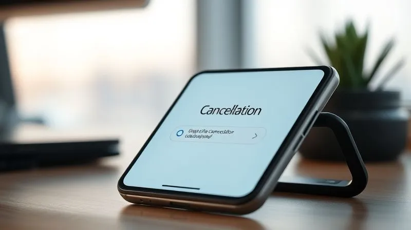 Photorealistic, professional photography, 8K, cinematic lighting, sharp focus on a smartphone screen clearly displaying a simplified, single-click cancellation button for a subscription service, with a notification banner confirming the cancellation. The background is a clean, modern desk, suggesting ease and efficiency, with depth of field, shot on a high-end DSLR.