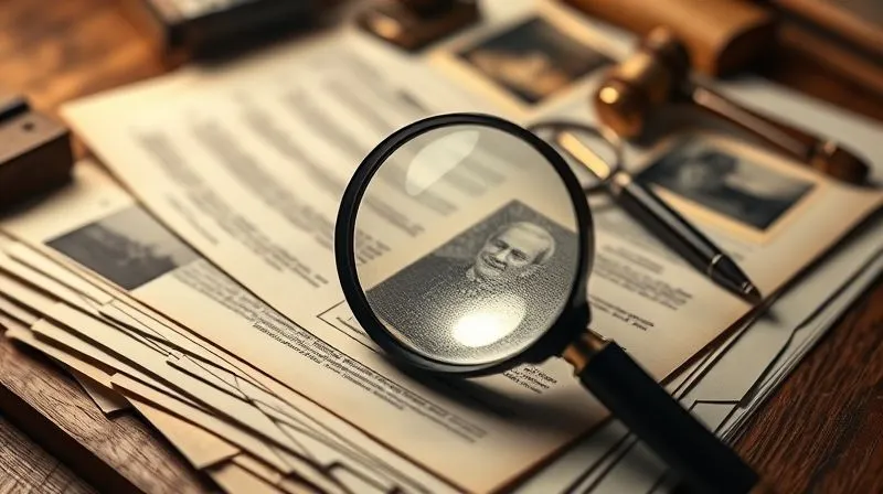 A photorealistic, professional photography, 8K, cinematic lighting, sharp focus, depth of field, shot on a high-end DSLR. A magnifying glass hovers over a complex stack of legal documents and old photographs, symbolizing meticulous investigation and uncovering hidden truths. The scene is bathed in a warm, analytical light.
