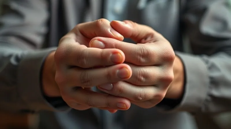 A photorealistic, professional photography, 8K, cinematic lighting, sharp focus, depth of field, shot on a high-end DSLR. A person's hands are clasped firmly, showing resolve and honesty, with a softly blurred background of a legal document or a compassionate face, suggesting a heartfelt and sincere narrative being formed.