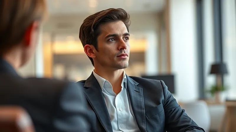 A photorealistic, professional photography, 8K, cinematic lighting, sharp focus, depth of field, shot on a high-end DSLR. A confident individual, dressed professionally, sits upright in a clean, modern office setting, making eye contact with an unseen interviewer. Their posture exudes preparedness and sincerity, with a subtle sense of calm determination.