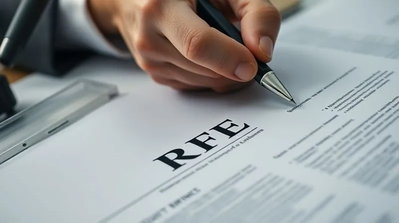 A photorealistic, professional photography, 8K, cinematic lighting, sharp focus, depth of field, shot on a high-end DSLR. A hand holds a pen, poised over a legal document with 'RFE' (Request for Evidence) prominently visible, surrounded by other supporting papers. The scene suggests diligent review and a strategic response, emphasizing attention to detail.