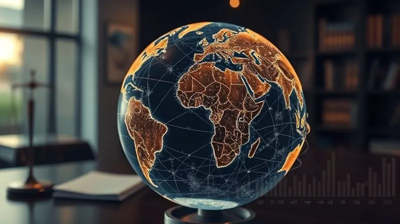 A photorealistic image of a detailed, illuminated globe with lines connecting various nations, overlaid with subtle legal text and a faint graph showing rising temperatures. The scene is set in a modern, sophisticated law office with a blurred background, conveying global interconnectedness and legal implications. Professional photography, 8K, cinematic lighting, sharp focus on the globe, depth of field blurring the background, shot on a high-end DSLR.
