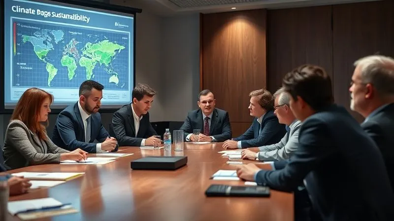 A photorealistic image of a diverse group of professionals (executives, community leaders, environmental experts) engaged in an intense but respectful discussion around a large conference table. A projected infographic on a screen in the background shows climate data and sustainability goals. Professional photography, 8K, cinematic lighting, sharp focus on the group's interaction, depth of field blurring the background, shot on a high-end DSLR.