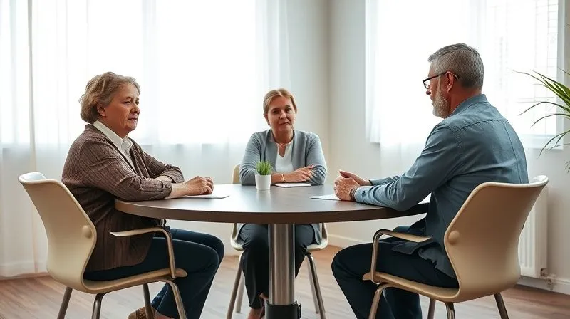 A photorealistic, professional photography, 8K, cinematic lighting, sharp focus, depth of field, shot on a high-end DSLR, of two individuals (representing homeowner and HOA board) sitting at a round table, facing a neutral mediator who is facilitating discussion. Their expressions are serious but open to resolution, in a professional, uncluttered meeting room with soft, natural light filtering in.