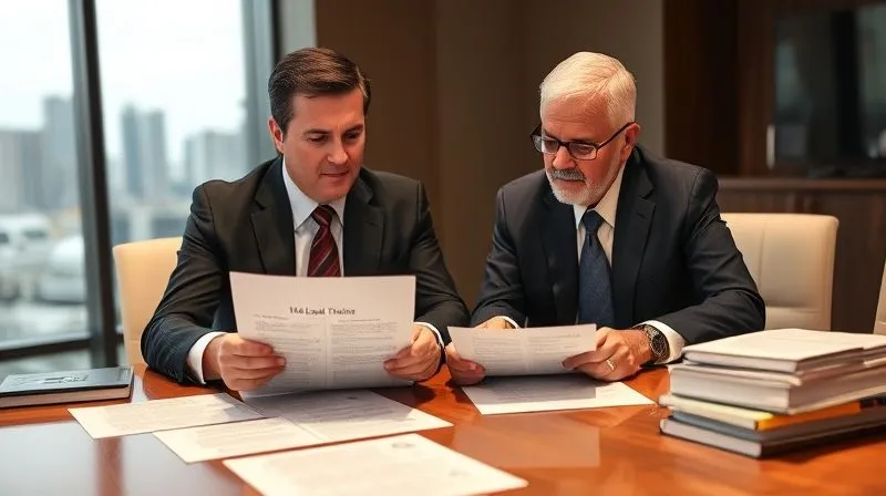 A photorealistic, professional photography, 8K, cinematic lighting, sharp focus, depth of field, shot on a high-end DSLR, of a legal professional (dressed in business attire) reviewing complex HOA legal documents with an HOA board member, both seated at a large conference table. A subtle, warm light highlights the professionalism and diligent work, emphasizing expert guidance and partnership. The background shows legal books and a city skyline.