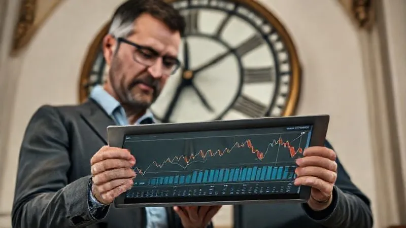 A photorealistic, professional photography, 8K image of a financial advisor and a client intently reviewing a digital tablet displaying complex financial charts and graphs with clear upward trends. A large, ornate clock in the background subtly suggests the importance of timing. Cinematic lighting, sharp focus on the tablet and faces, depth of field blurring the background, shot on a high-end DSLR, conveying strategic financial planning and timing.