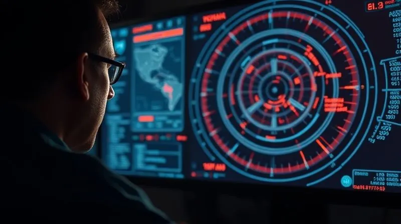 A photorealistic, professional photography, 8K, cinematic lighting, sharp focus, depth of field, shot on a high-end DSLR. A highly detailed, glowing digital radar screen displaying complex threat intelligence data, with identified malicious network activity emanating from a specific, stylized national origin point. The screen is monitored by a focused, professional cybersecurity analyst in a dimly lit, high-tech command center. The image conveys vigilance and advanced defense.