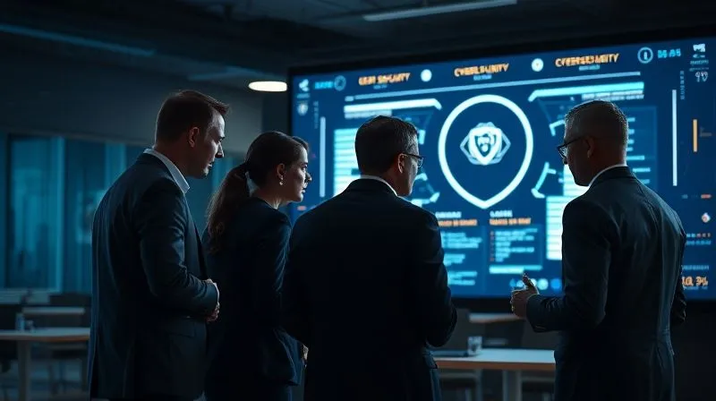 A photorealistic, professional photography, 8K, cinematic lighting, sharp focus, depth of field, shot on a high-end DSLR. A diverse team of professionals (legal counsel, IT security, executive) gathered around a large, illuminated digital display, actively collaborating and discussing cybersecurity strategies. The atmosphere is serious but collaborative, conveying a sense of shared responsibility and proactive defense against unseen digital threats. The image emphasizes human collaboration and vigilance.