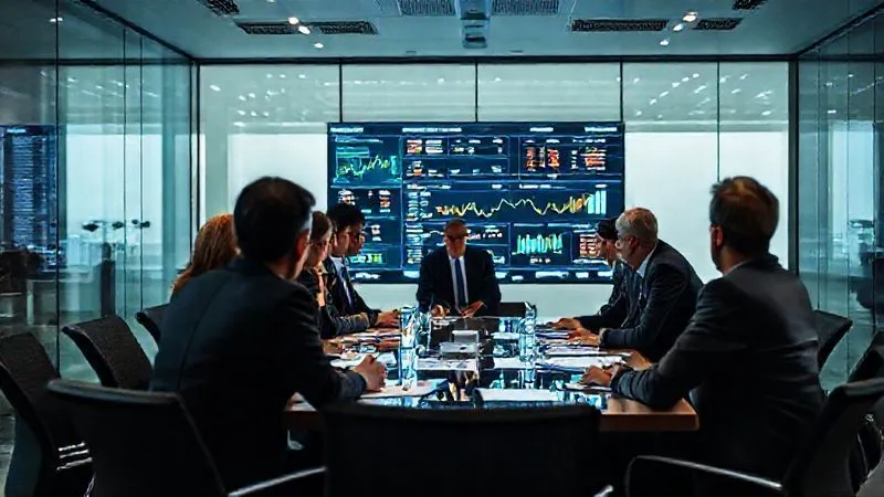 photorealistic, professional photography, 8K, cinematic lighting, sharp focus, depth of field, shot on a high-end DSLR, a diverse group of corporate executives and legal advisors in a modern, glass-walled boardroom, intensely focused on a large digital screen displaying financial data and legal documents, with a sense of urgency and collaboration. The lighting is dramatic, highlighting their concentration.