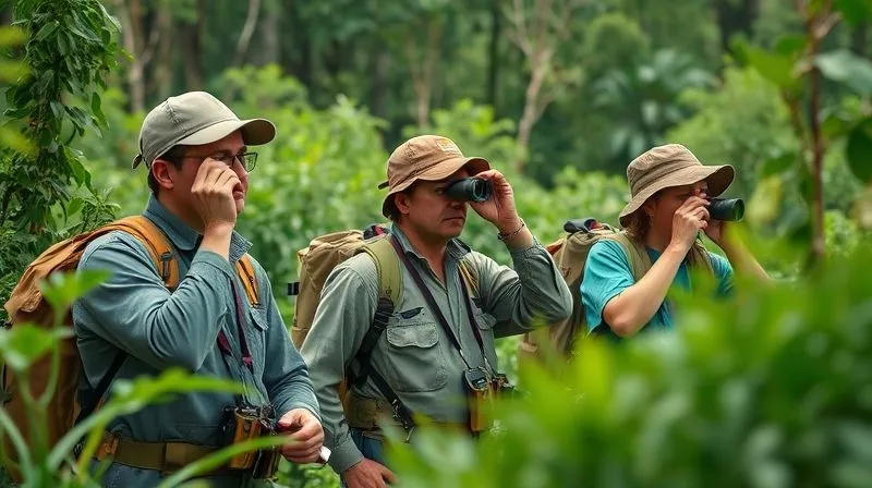 photorealistic, professional photography, 8K, cinematic lighting, sharp focus, depth of field, shot on a high-end DSLR, a team of environmental biologists in field gear, using binoculars and GPS devices, meticulously conducting a habitat survey in a verdant, natural landscape, with a sense of scientific rigor and dedication.