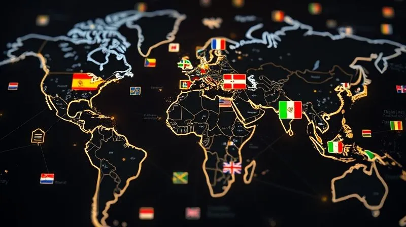 A photorealistic, professional photography, 8K, cinematic lighting, sharp focus, depth of field, shot on a high-end DSLR of a global map overlaid with interconnected glowing legal documents and diverse national flags, symbolizing complex multi-jurisdictional legal frameworks.