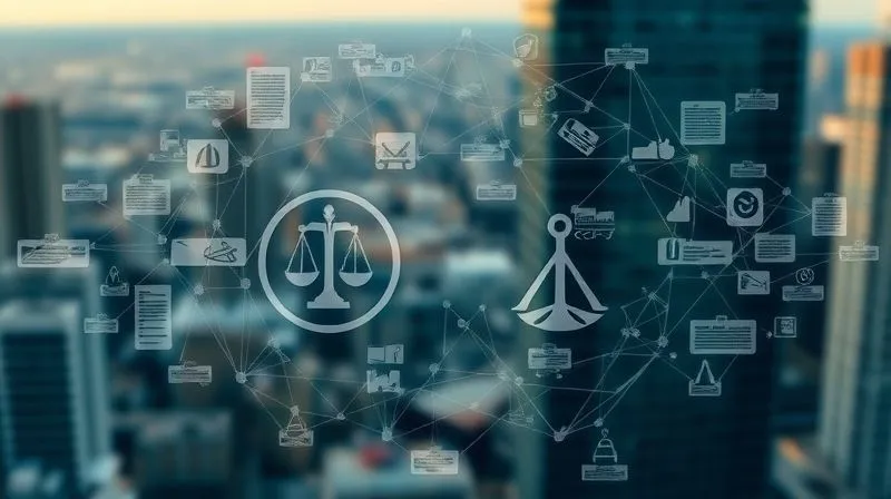 A photorealistic, professional photography, 8K, cinematic lighting, sharp focus, depth of field, shot on a high-end DSLR of a complex, interwoven network of legal documents and regulatory symbols (like scales of justice, antitrust logos) forming a barrier around two merging corporate logos. The background is a blurred cityscape, emphasizing the global nature of regulatory oversight.