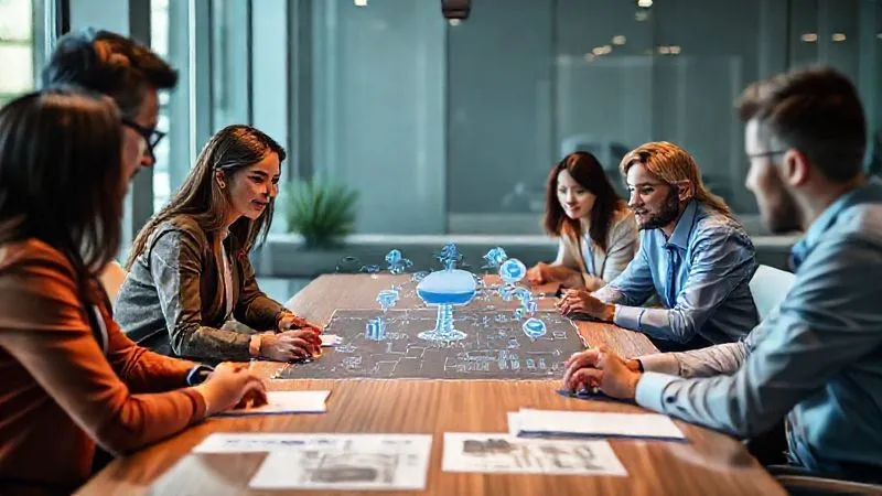 A photorealistic image of diverse professionals from different departments (legal, tech, marketing) collaboratively discussing a digital blueprint of an AI system around a modern conference table. The atmosphere is engaged and focused. Professional photography, 8K, cinematic lighting, sharp focus, depth of field.